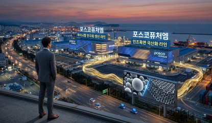 포항 영일만 산업단지의 포스코퓨처엠 양극재 및 음극재 생산 라인을 조망하는 성인 남성의 뒷모습과 하이니켈 양극재 분말 및 흑연 입자 구조가 시각화된 전경