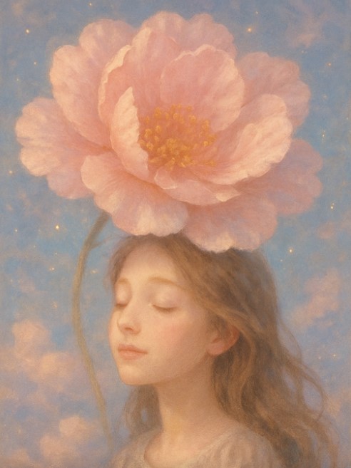 얼굴보다 큰 연한 핑크 꽃과 아이의 이미지