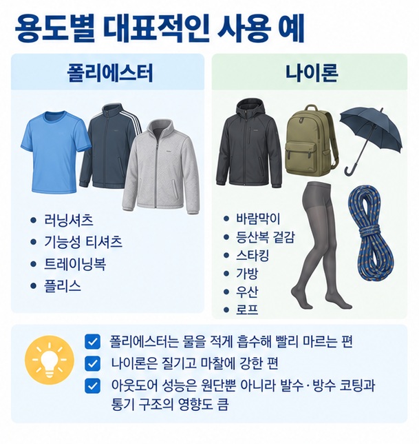 운동복 티셔츠 플리스에는 폴리에스터 바람막이 가방 로프에는 나이론이 많이 쓰이는 용도 비교 이미지