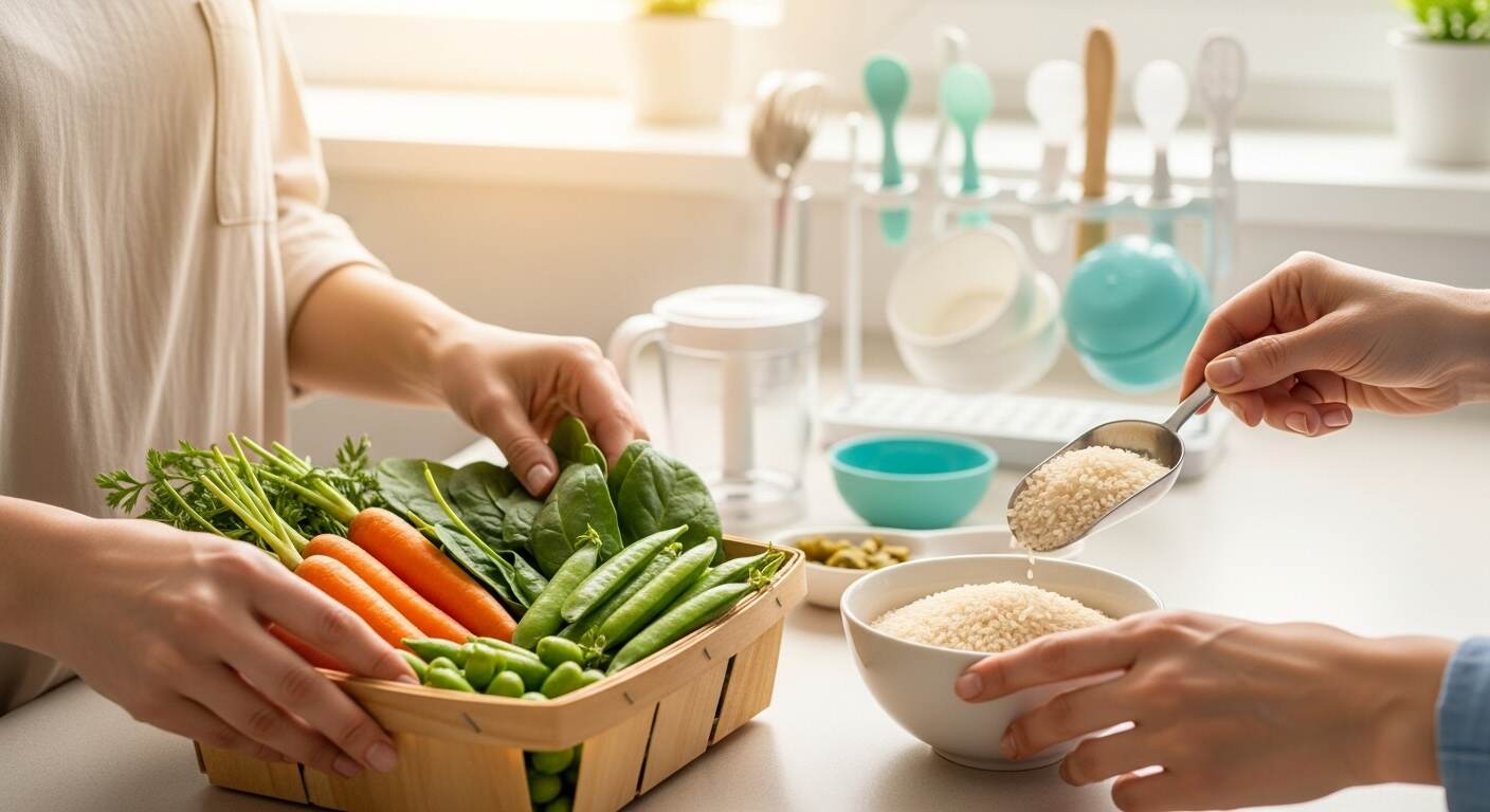 주방에서 신선한 채소와 쌀을 정리하며 초기 이유식 재료를 고르는 부모의 손, 부드러운 햇살, 깨끗한 이유식 도구 배경