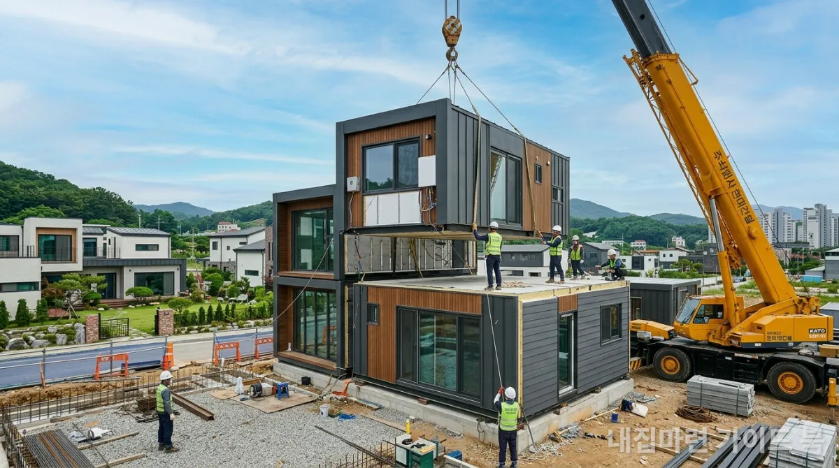 크레인을 이용해 조립되고 있는 현대적인 한국형 모듈러 주택 건설 현장