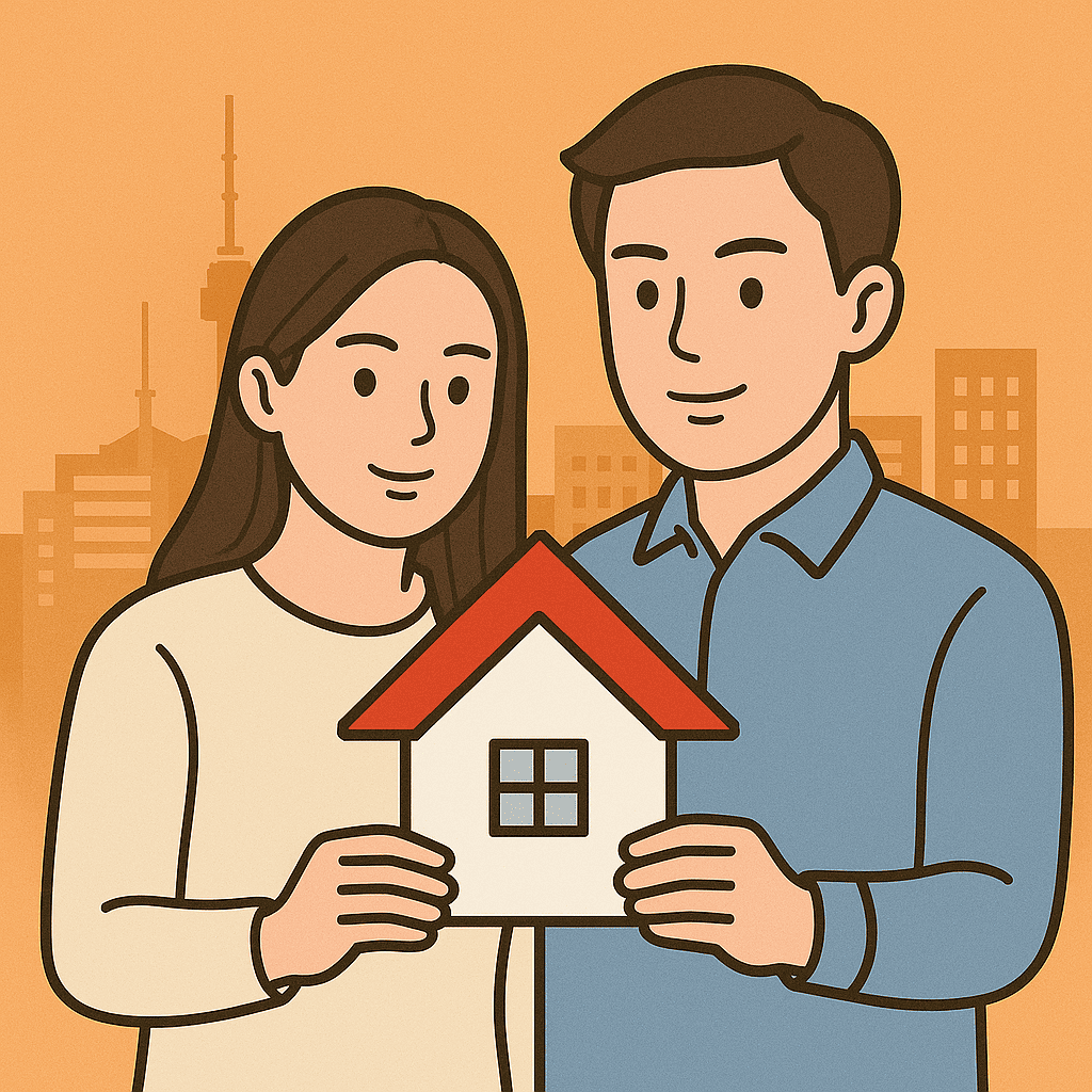 따뜻한-주황색-배경-앞에-서울-남산타워가-간단한-선으로-표현된-도심-실루엣-속에서-하얀-피부의-단정한-동양인-예비부부가-서로-가까이-붙어-작은-붉은-지붕의-집-모형을-두-손으로-함께-들고-있는-모습이-그려진-플랫스타일의-디지털-일러스트-이미지