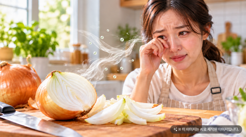 양파를 썰 때 발생하는 휘발성 자극 물질이 공기 중으로 퍼져 눈물을 유발하는 과정을 표현한 AI 생성 이미지. 주방에서 손질한 양파 옆에 눈이 따가워 눈물을 닦는 여성의 모습을 담고 있다.