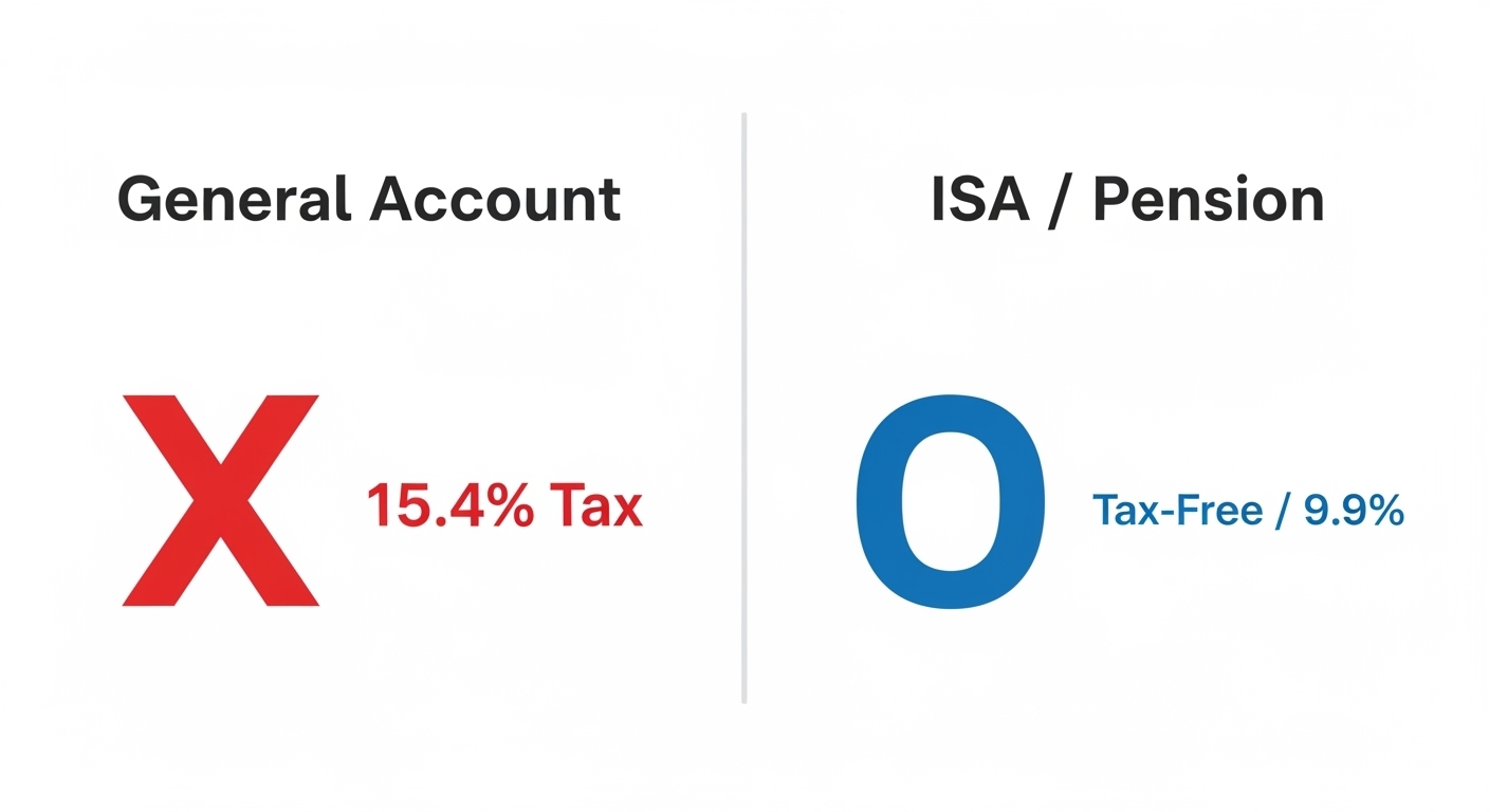 '일반 계좌(세금 폭탄)'에 X 표시가, 'ISA/연금 계좌(비과세)'에 O 표시가 된 최종 전략 요약 이미지