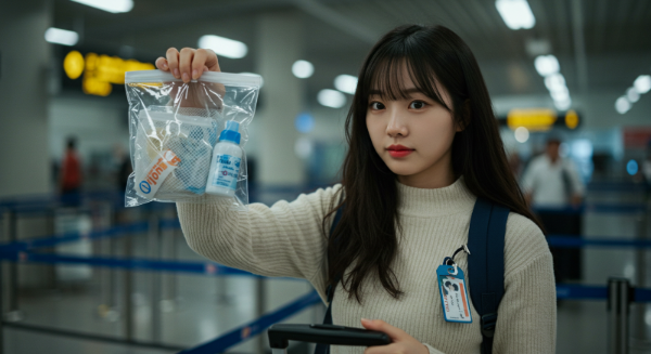 공항에서 여행 필수품을 들고 있는 여성