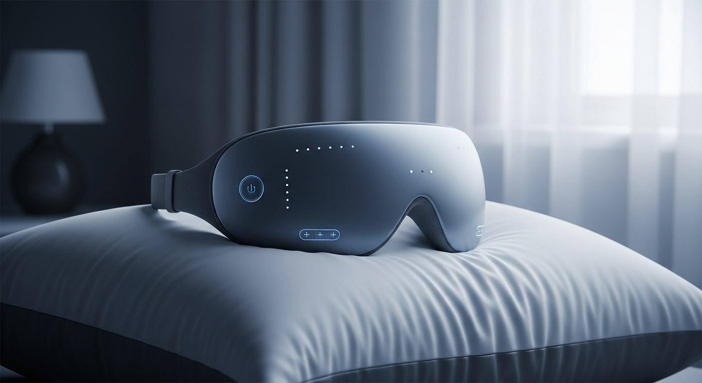 푸른색과 회색이 조화로운 최신형 블루투스 수면 안대가 놓인 아늑하고 평화로운 침실 풍경