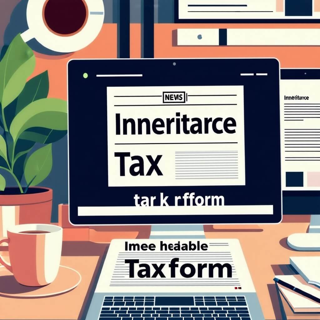 상속세 개편 관련 뉴스 기사: 신문이나 온라인 뉴스 기사에서 상속세 개편에 대한 헤드라인이 보이는 장면.