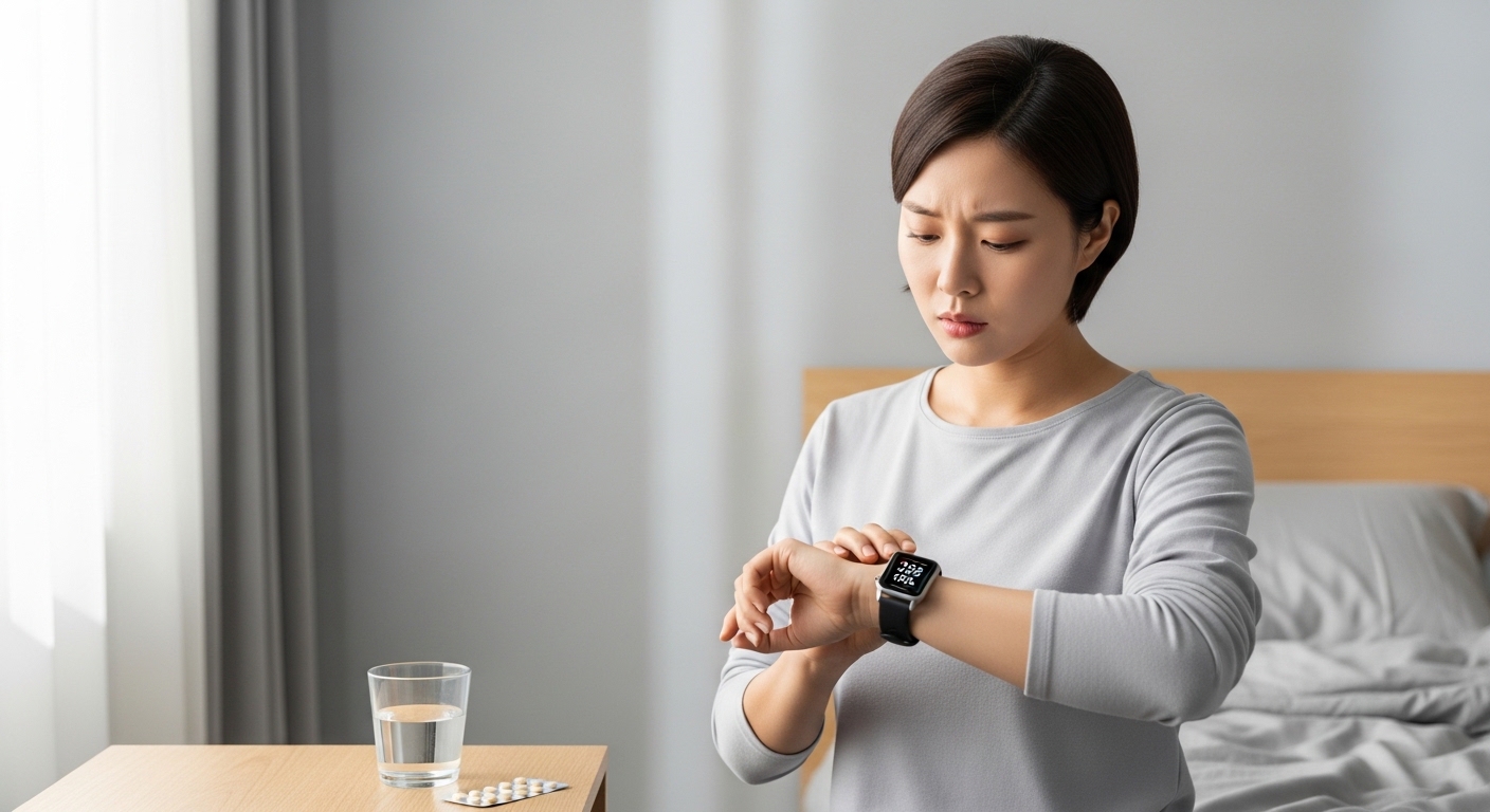 아침-공복-상태에서-알약-복용-후-시간을-확인하는-한국인-직장인