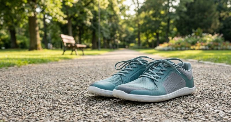 공원 산책로 벤치 위에 놓인 슬로우 조깅용 기능성 운동화
