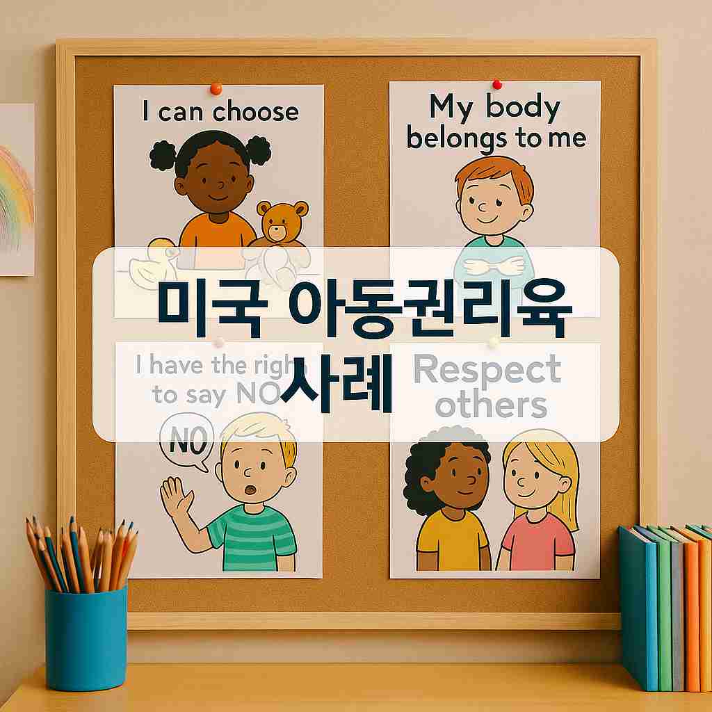 아이들의 권리를 주제로 한 포스터 4장이 코르크 게시판에 붙어 있다. 포스터에는 ‘I can choose’, ‘My body belongs to me’, ‘I have the right to say NO’, ‘Respect others’ 문구가 각각 삽화와 함께 담겨 있고, 가운데에 ‘미국 아동권리교육 사례’라는 텍스트가 강조되어 있다
