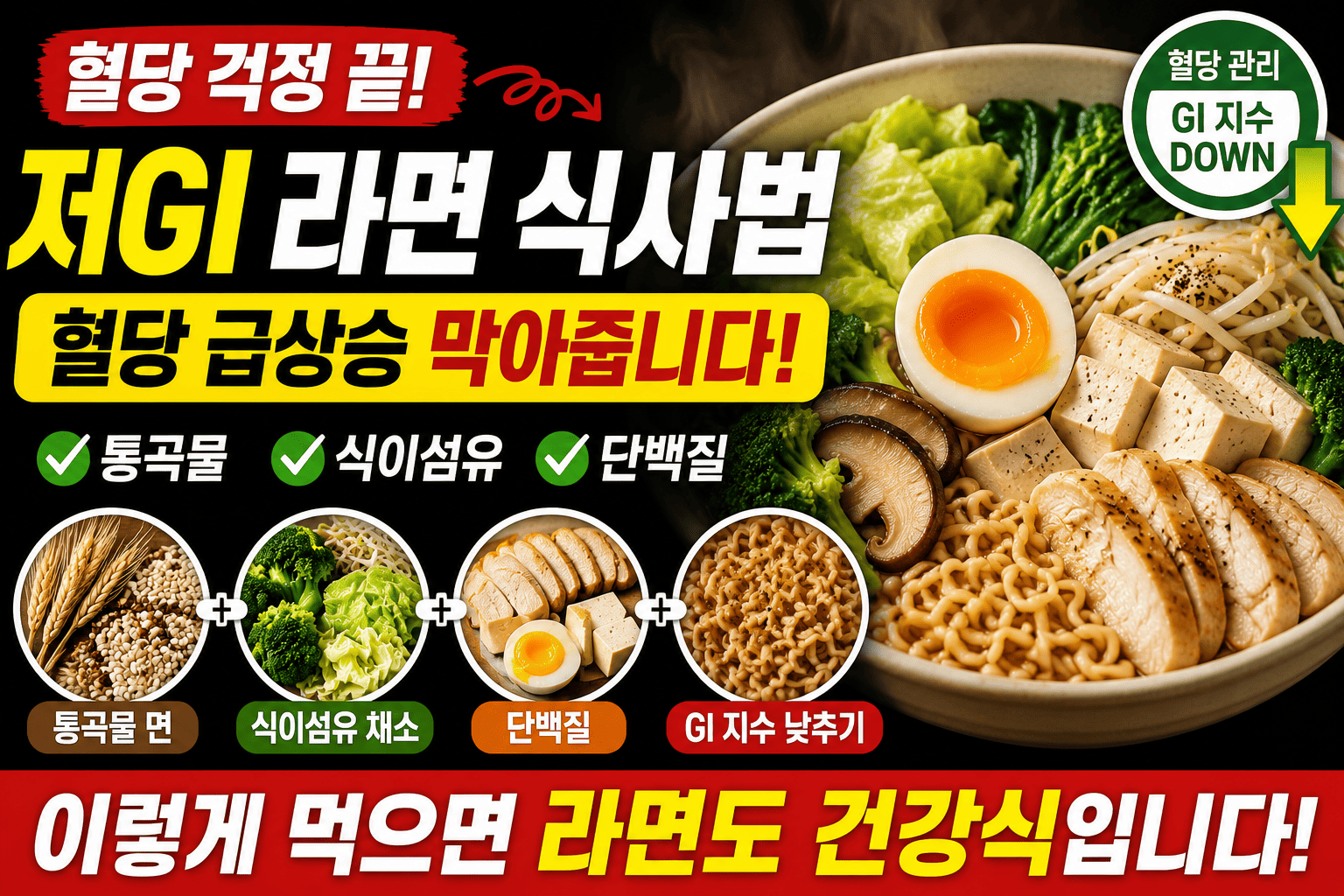저GI 라면 식사법 (통곡물, 식이섬유, 단백질)