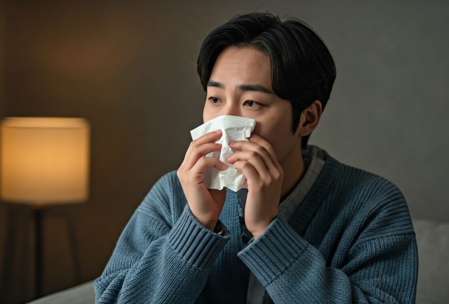 콧물을 풀고 있는 남성