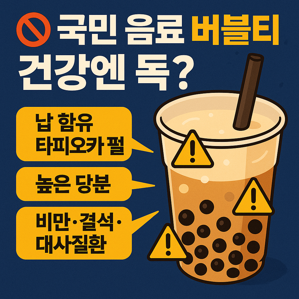 “버블티 속 타피오카 펄의 납 함유와 높은 당분, 건강 위험을 경고하는 인포그래픽 – ‘국민 음료의 위험성’ 강조 디자인”