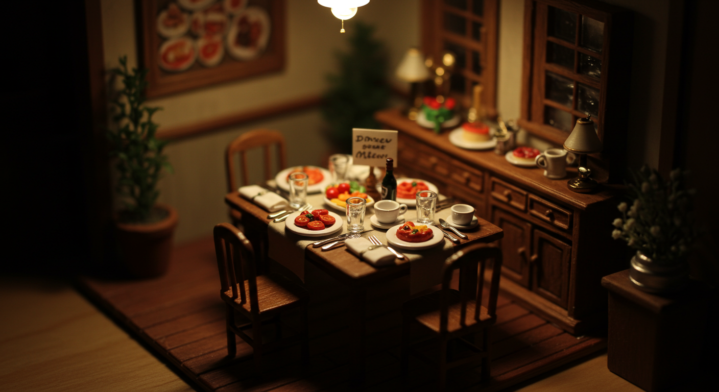 책상 위 미니어처 요리 카드와 작은 식기들이 틸트쉬프트로 촬영된 대표 이미지