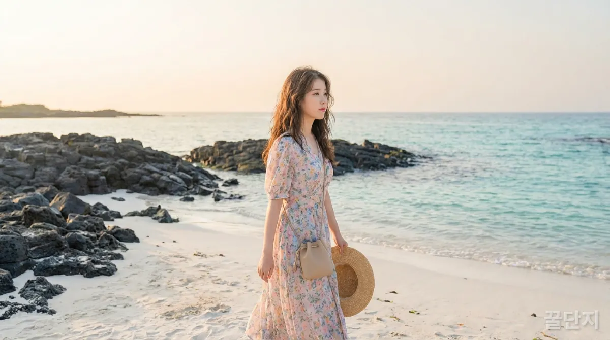 제주도 해변에서 플라워 원피스를 입고 로맨틱한 분위기를 연출하는 한국 여성