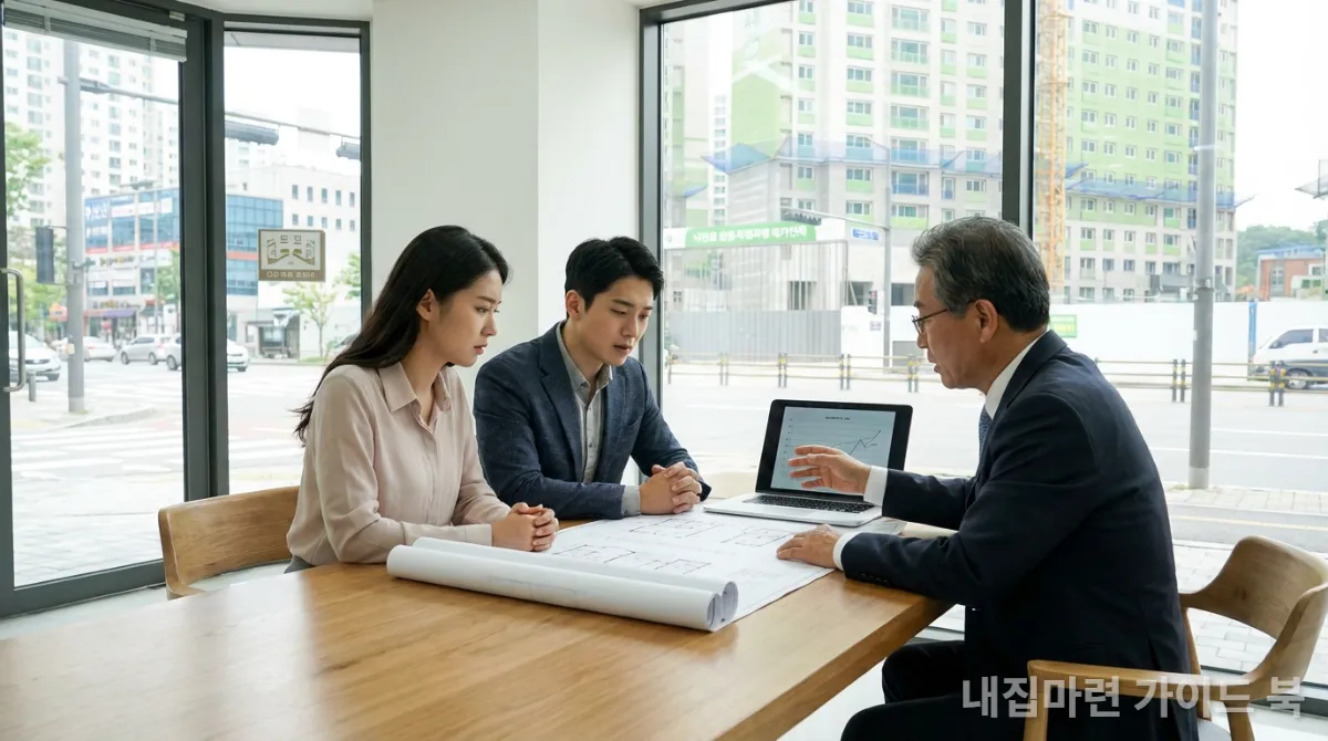 부동산 상담실에서 그린 프리미엄 아파트 투자에 대해 진지하게 논의하는 한국인 고객들과 상담사. 설계도면과 노트북이 테이블에 놓여있다.