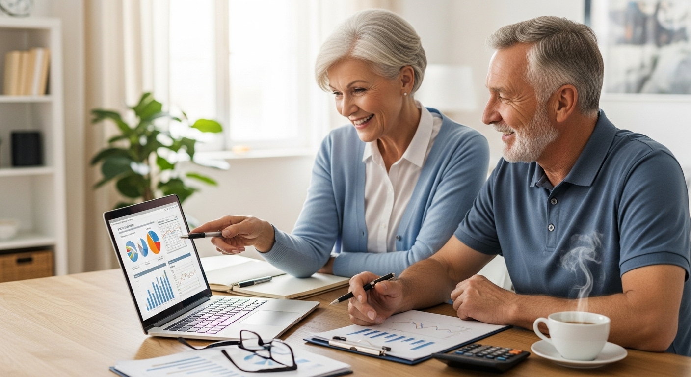 개편된 연금 제도를 보며 흐뭇하게 웃는 노부부가 재무 설계를 하는 모습