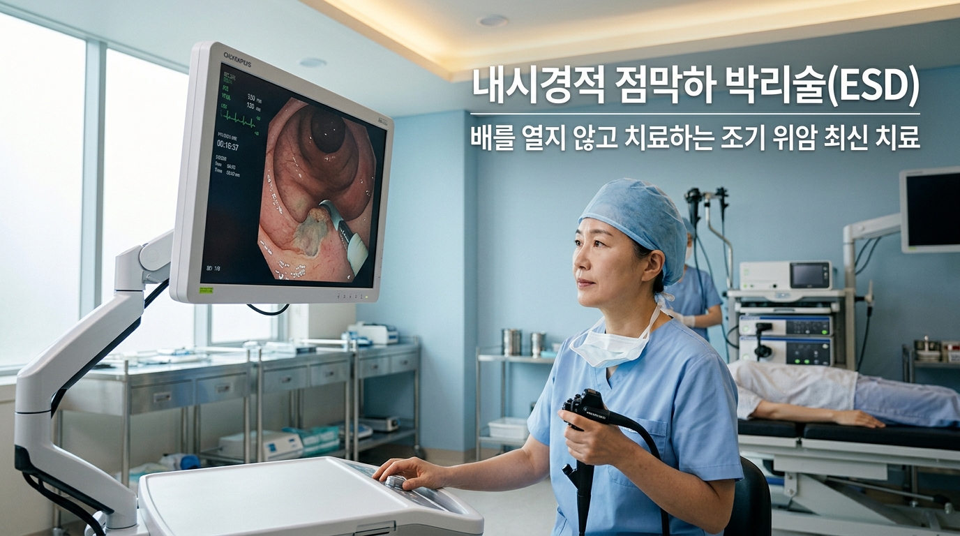 최첨단 내시경 장비가 갖춰진 밝고 깨끗한 시술실에서 전문 소화기내과 의사가 고화질 모니터 화면을 보며 배를 열지 않고 진행하는 내시경적 점막하 박리술(ESD)을 안전하게 집도하고 있는 모습. '내시경적 점막하 박리술(ESD)', '배를 열지 않고 치료하는 조기 위암 최신 치료'라는 문구가 적혀 있어, 비수술적 내시경 절제술의 안전성과 위장 보존의 중요성을 시각화함.