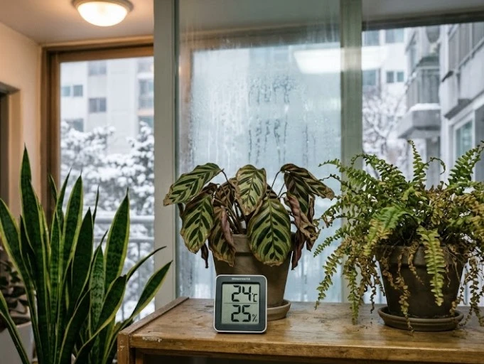 중앙난방 아파트 거실 선반 위, 온습도계가 25%의 극심한 저습도를 가리키고 있고 그 뒤로 잎이 바싹 타 들어간 칼라데아와 보스턴고사리가 놓인 모습