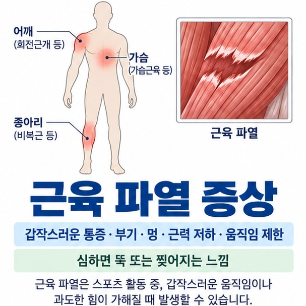 근육 파열 증상과 통증 부기 멍 근력 저하 움직임 제한을 정리한 의료 교육용 이미지