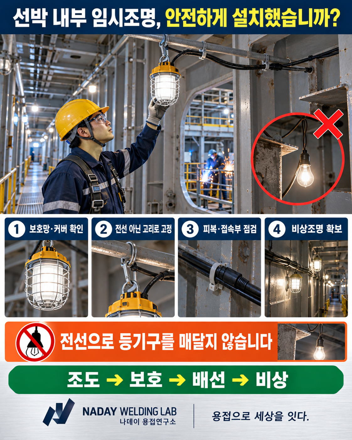 건조 중인 선박 내부에서 보호망이 있는 임시등을 별도 고리로 고정하고 전선과 비상조명을 점검하는 안전수칙