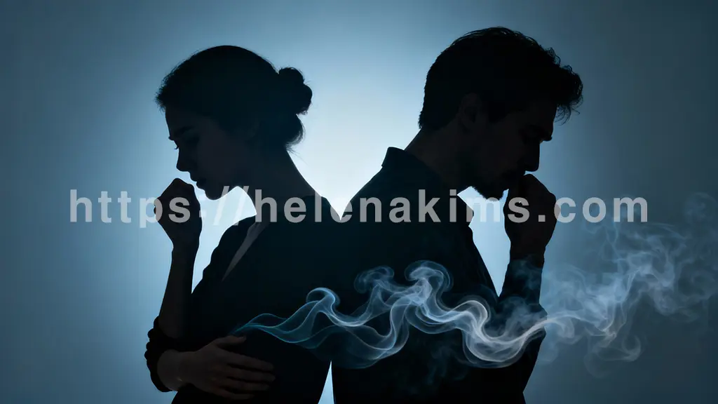 푸른색 또는 회색 배경 중앙에 어둠 속에서 빛나는 듯한 흐릿한 남녀의 얼굴 실루엣이 나타납니다. 한 실루엣은 기침을 참는 듯 가슴 부근을 감싸고 있고, 다른 실루엣은 답답한 듯 깊은 한숨을 쉬는 모습입니다.