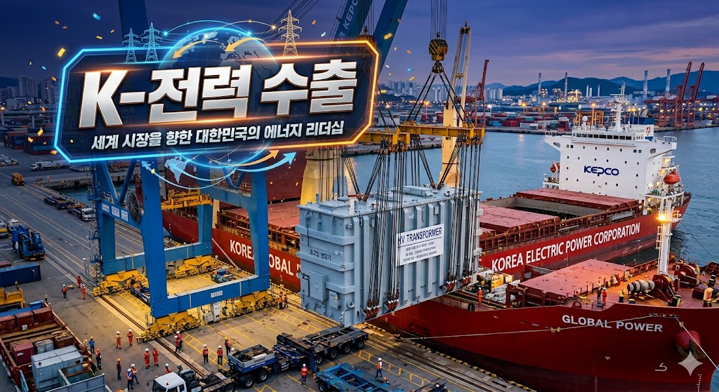 거대한 초고압 변압기가 배에 선적되는 모습과 함께 'K-전력 수출' 문구가 강조된 그래픽