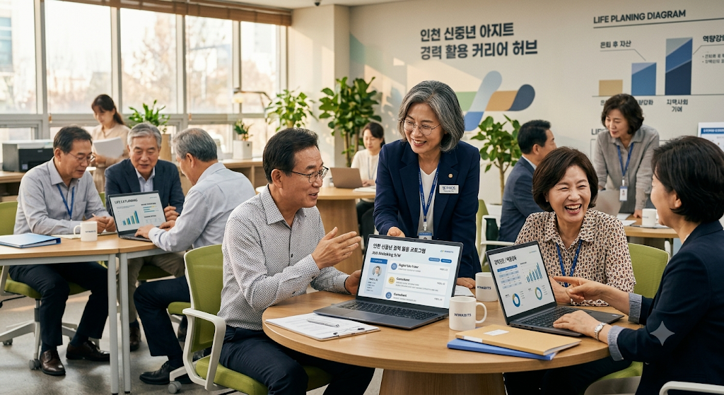인천 신중년 아지트 인프라 안에서 밝고 전문적인 모습으로 제2의 인생 커리어 재취업 상담 및 노트북 전산 교육을 받고 있는 5060 중장년 퇴직자들의 모습