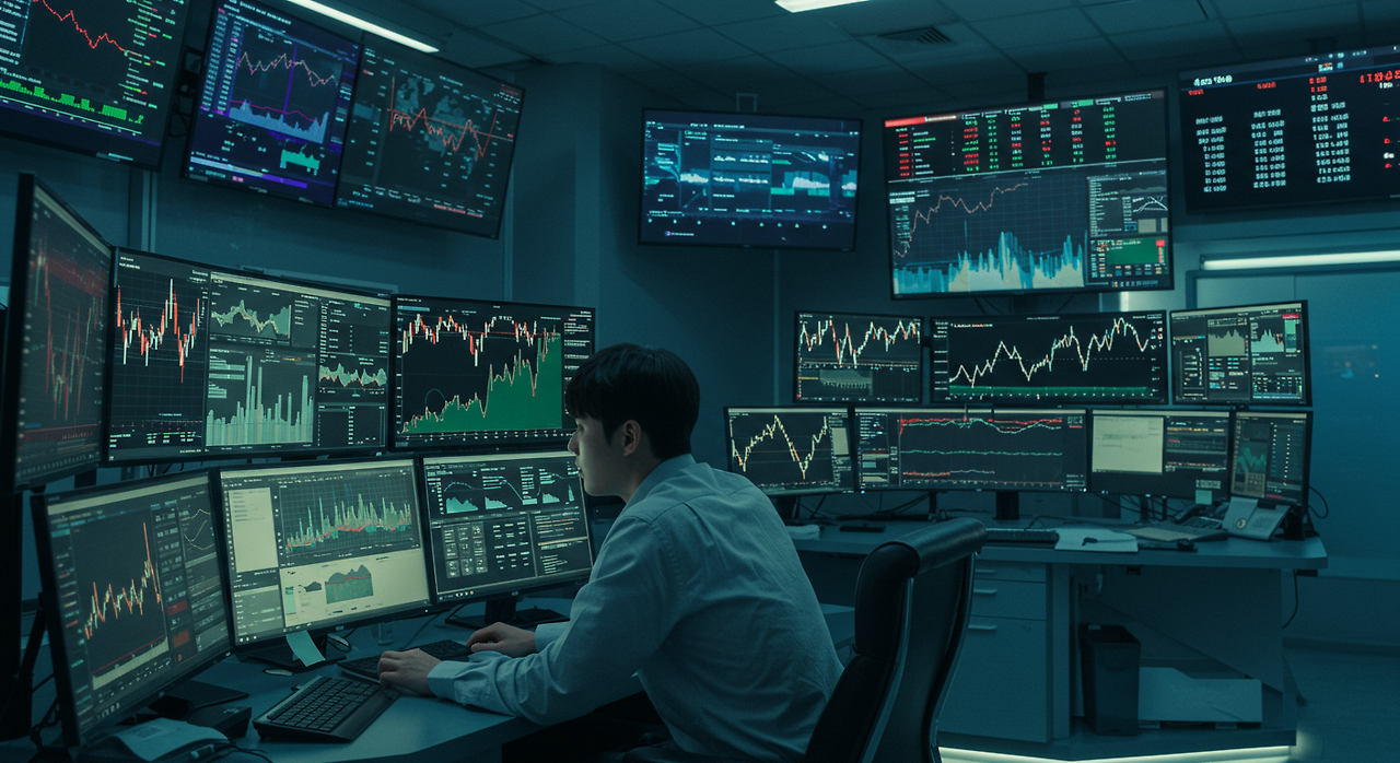 디지털 화면에 표시된 주식 시장 그래프와 데이터를 분석하는 젊은 투자자