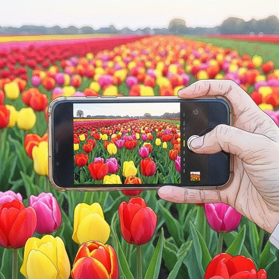 스마트폰으로 아름다운 튤립을 촬영하는 사람