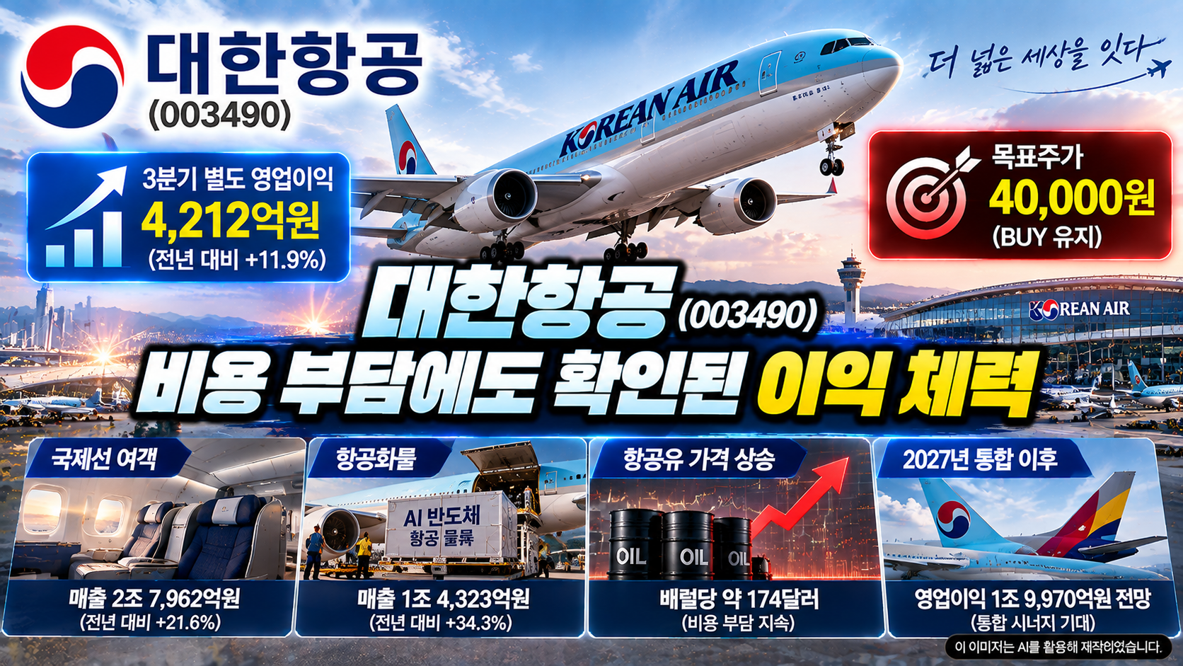 대한항공(003490) 기업분석, 2026년 3분기 별도 영업이익 4,212억원과 AI 반도체 항공화물 성장, 항공유 가격 상승에 따른 비용 부담, 2027년 아시아나항공 통합 시너지 및 목표주가 40,000원 전망