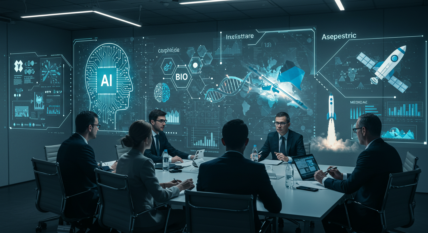 회의실에서 전문가들이 AI, 바이오, 우주항공 산업 데이터를 분석하며 토론하는 모습. 디지털 스크린에는 각각의 산업을 상징하는 그래픽이 표시되어 있음.