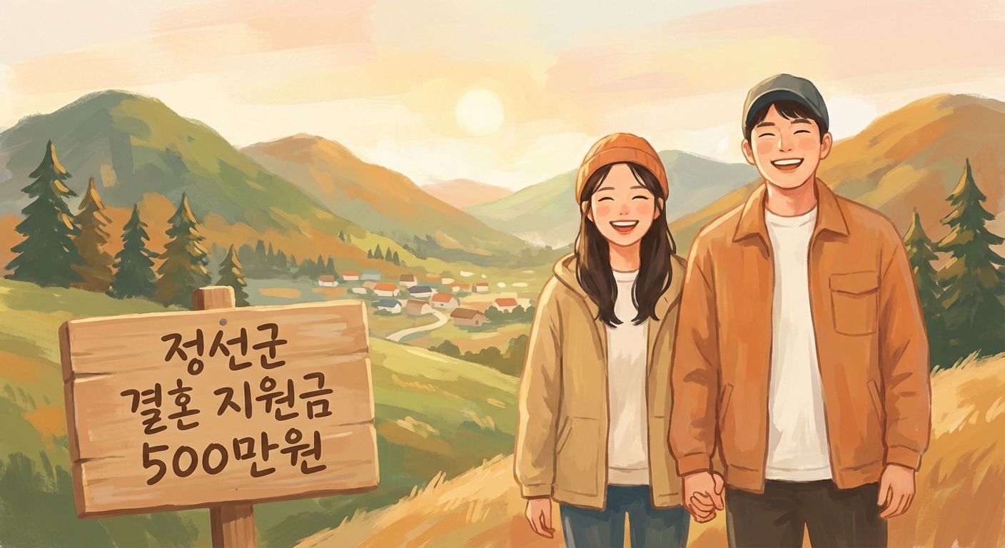 행복하게 미소 짓는 신혼부부가 '정선군 결혼 지원금 500만원' 표지판 앞에 서 있는 모습, 강원도 정선군의 결혼 장려 정책을 상징함.