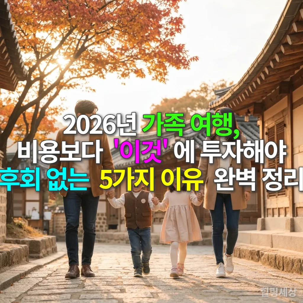 가을 한국 전통 마을에서 손을 잡고 걷는 행복한 한국인 가족의 모습