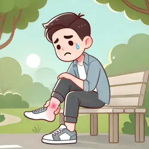 벤치에 앉아 발뒤꿈치를 감싸쥔 남성