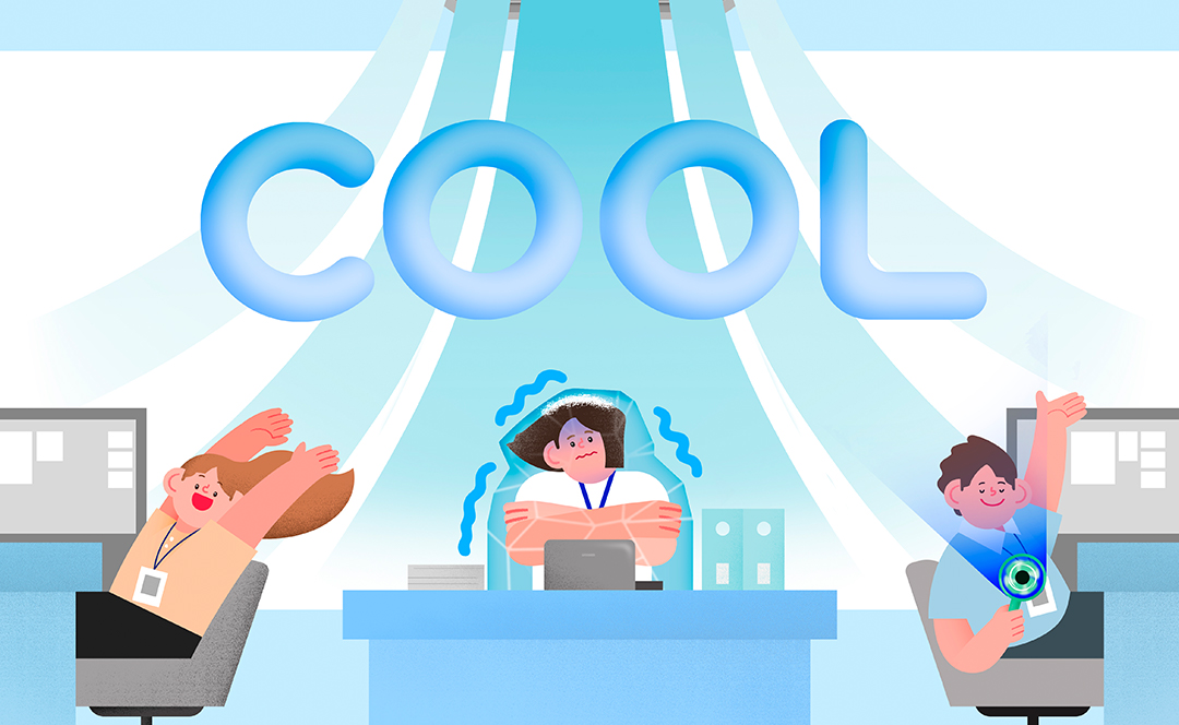 #사무실에서 추워하는 직장인과 시원해하는 직장인들 일러스트
