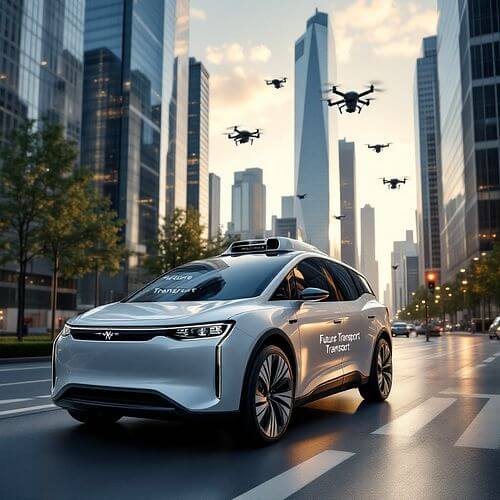 도로엔 자율주행차가 다니고 하늘엔 드론이 날아다니고 교통시스템이 바꿔진 모습