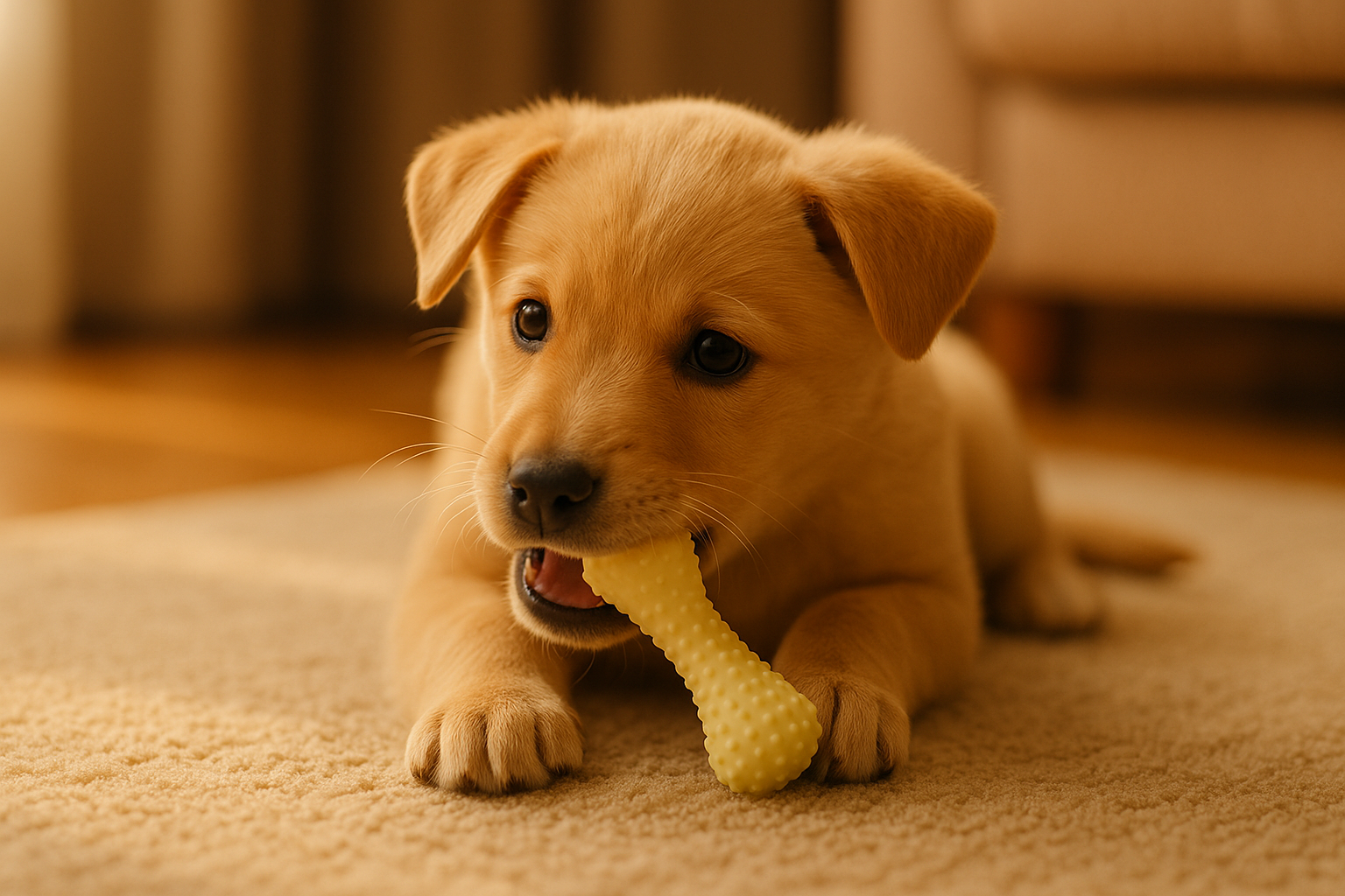 실리콘 장난감을 씹고잇는 강아지 이미지