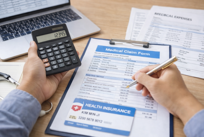 의료비 세액공제를 위해 의료 청구서를 계산기와 함께 정리하는 모습