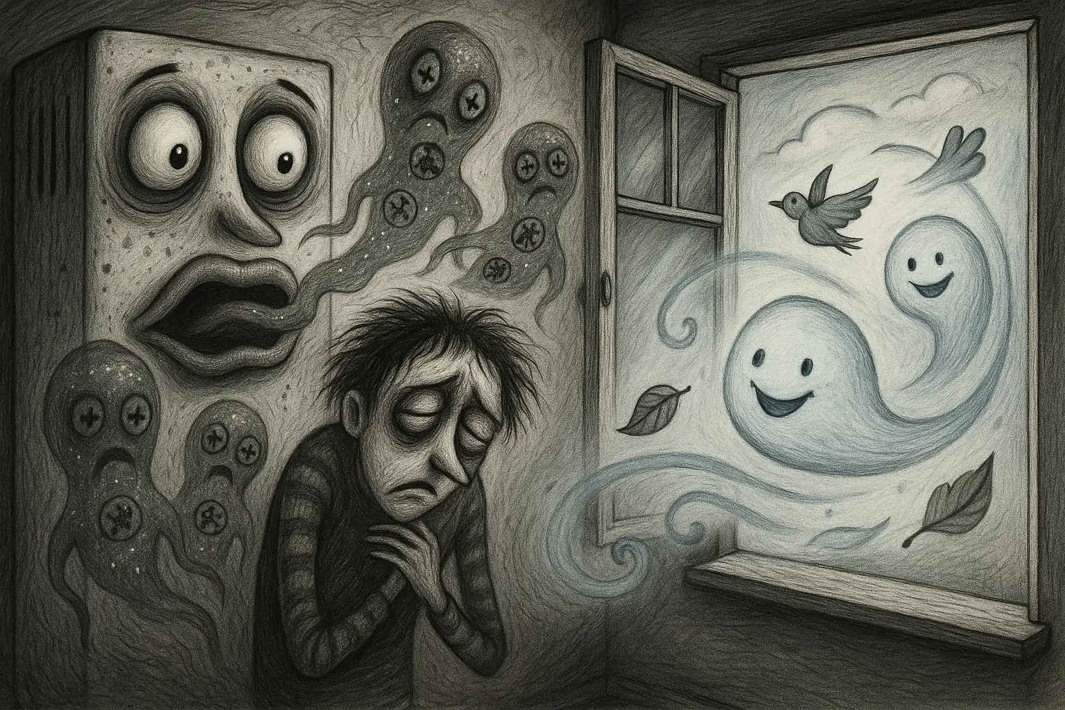 기괴한 에어컨에서 퍼져 나오는 악취와 이를 피해 고통스러워하는 인물, 환기된 창밖으로 흐르는 깨끗한 공기의 대비