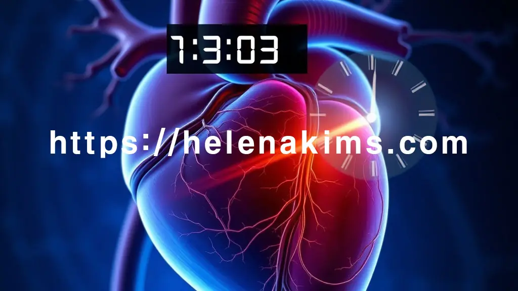 심장의 중요한 관상동맥이 서서히 막혀가는 모습을 투명하게 보여주며, 주변 심장 근육이 푸른색으로 변해가는 듯한 모습이 보이며, 심장 위에는 디지털 카운트다운 타이머 초침이 빠르게 움직이는 시계가 보이며 '골든타임'의 긴박함을 강조한 이미지.