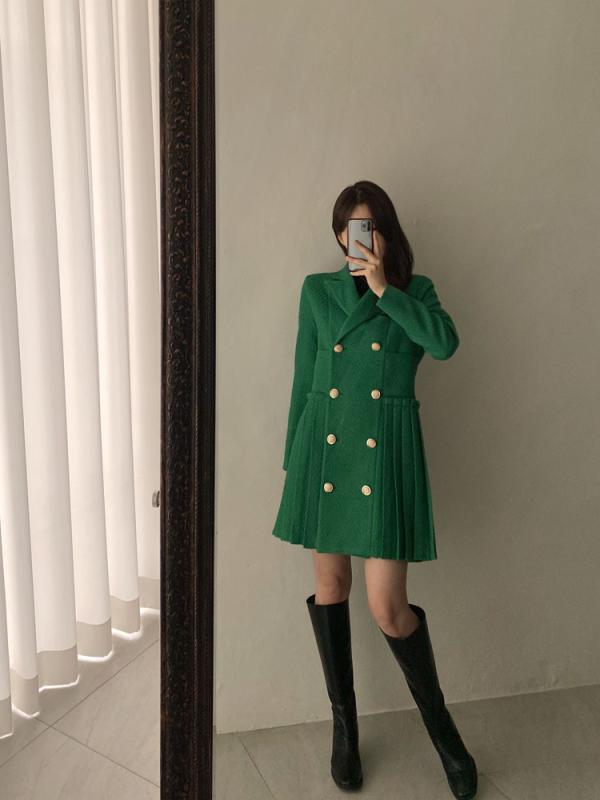 메르가넷제작 브이넥 카라 트위드 더블 코트 플리츠 미니 겨울 연말모임 원피스