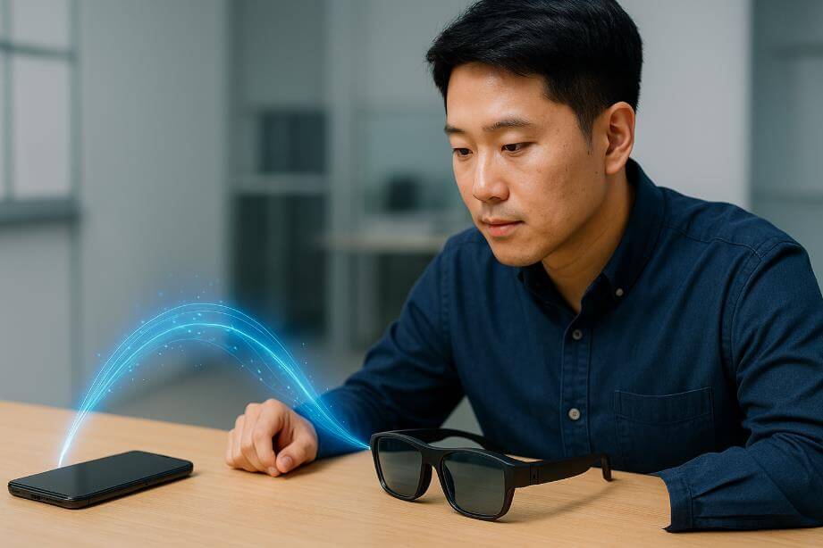 스마트폰과 AR 글래스가 데이터로 연결된 연동 구조를 상징하는 장면