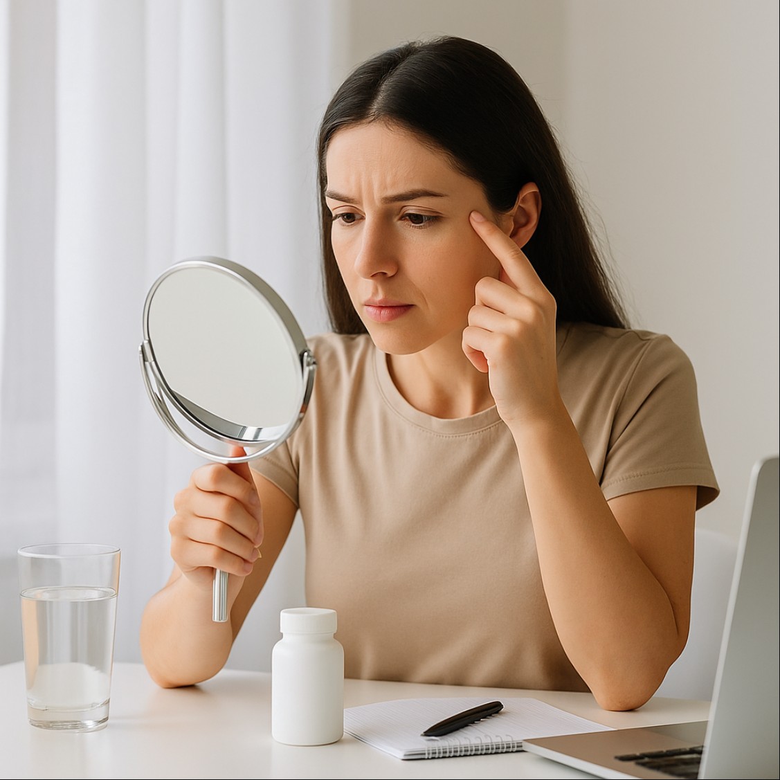 아연 부족 증상 자가진단을 하는 여성, 거울을 보며 피부 상태를 확인하는 장면