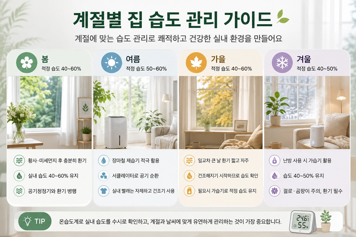 집 습도 적정 수치와 계절별 권장 습도, 제습기·가습기 사용법을 한눈에 정리한 계절별 집 습도 관리 인포그래픽