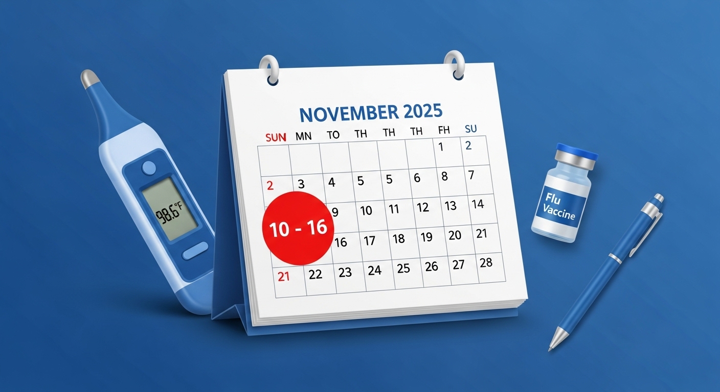 2025년 11월이 표시된 달력에 특정 날짜가 빨간색으로 동그라미 쳐져 있고, 주사기와 백신 병이 옆에 놓여 있어 독감 예방접종 적기를 나타냅니다.