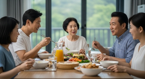 가족이 함께 식탁에서 여름 식사를 즐기는 모습