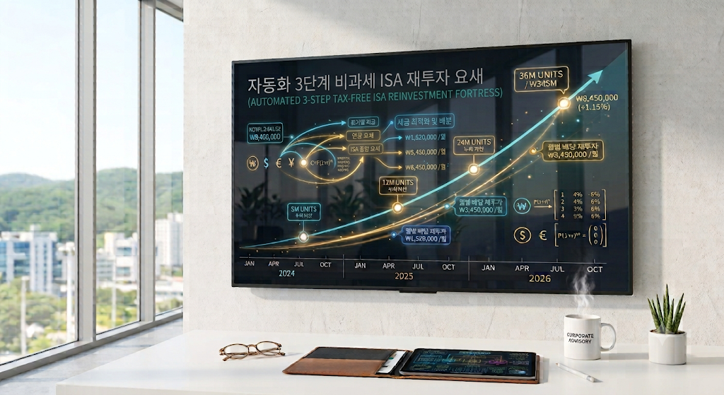 세련된 모던 오피스 데스크 위에 놓인 태블릿 PC 화면에 선명하게 찍힌 ISA 만기 2099년 연장 + 연금저축 이체 추가 10% 세액공제 스노우볼 시뮬레이션