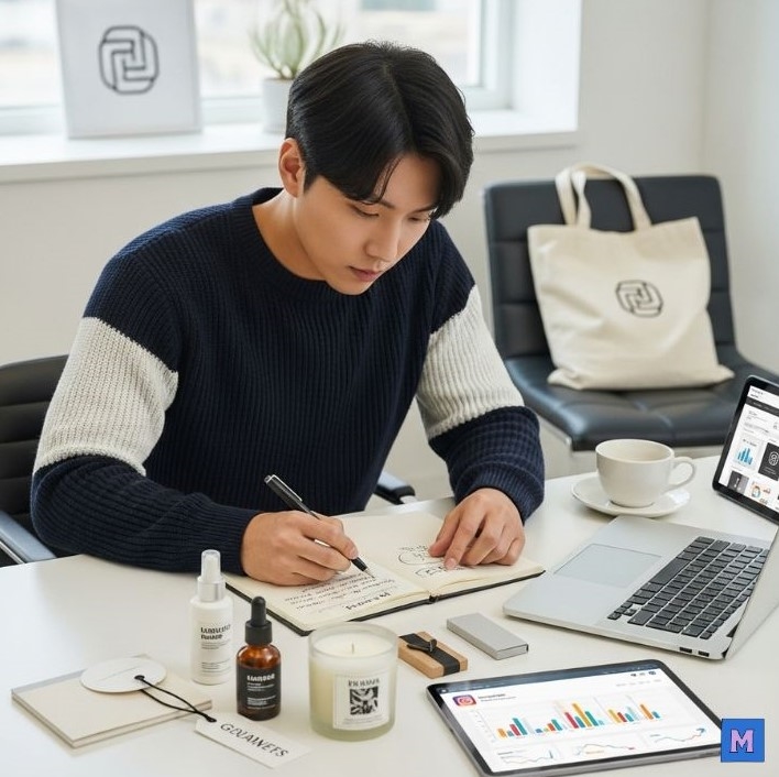 개인브랜딩 전략을 계획하는 청년 창업가가 노트북과 태블릿으로 디지털 마케팅 작업을 하는 모습 via Gemini