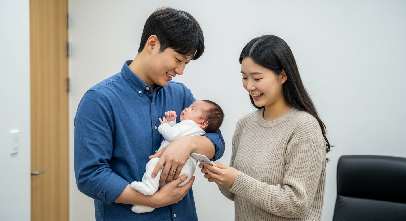 미래를 향해 함께 나아가는 행복한 가족의 실루엣, 부모급여와 함께하는 육아의 밝은 미래